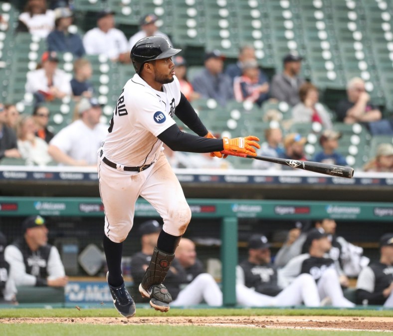 Detroit Tigers third baseman Jeimer Candelario bats against the Pittsburgh Pirates during the second inning Wednesday, May 4, 2022 at Comerica Park.

Detroit Pitt 2