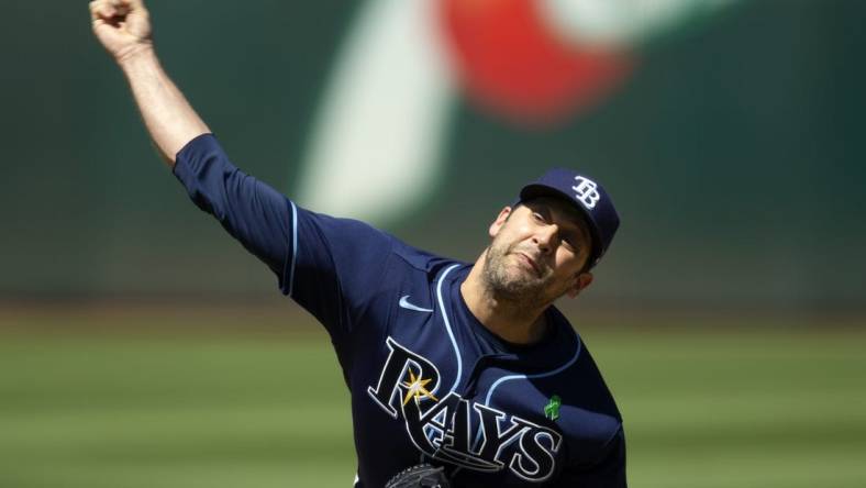 May 4, 2022; Oakland, California, USA; Tampa Bay Rays pitcher Andrew Kittredge (36) delivers a pitch against the Oakland Athletics during the ninth inning at RingCentral Coliseum. Mandatory Credit: D. Ross Cameron-USA TODAY Sports