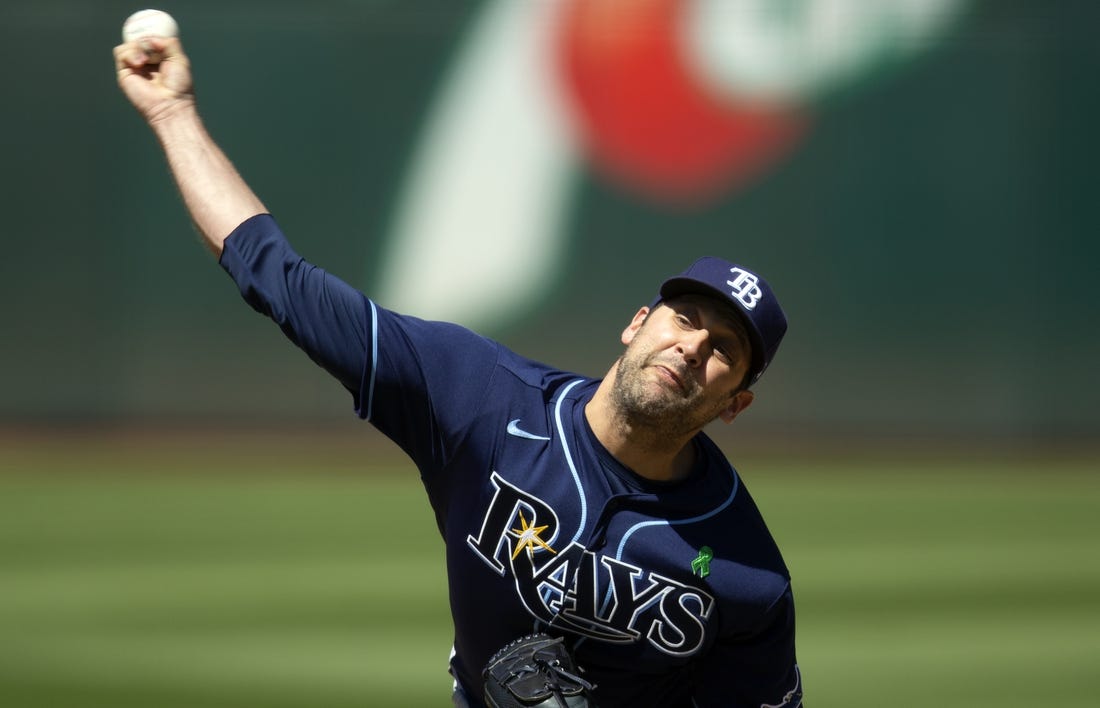 May 4, 2022; Oakland, California, USA; Tampa Bay Rays pitcher Andrew Kittredge (36) delivers a pitch against the Oakland Athletics during the ninth inning at RingCentral Coliseum. Mandatory Credit: D. Ross Cameron-USA TODAY Sports