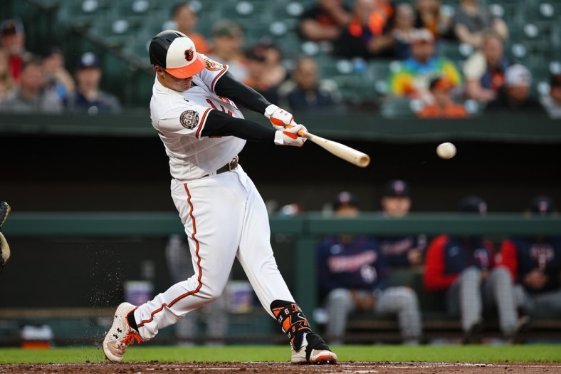 May 4, 2022; Baltimore, Maryland, USA; Baltimore Orioles first baseman Ryan Mountcastle (6) singles against the Minnesota Twins during the second inning at Oriole Park at Camden Yards. Mandatory Credit: Scott Taetsch-USA TODAY Sports
