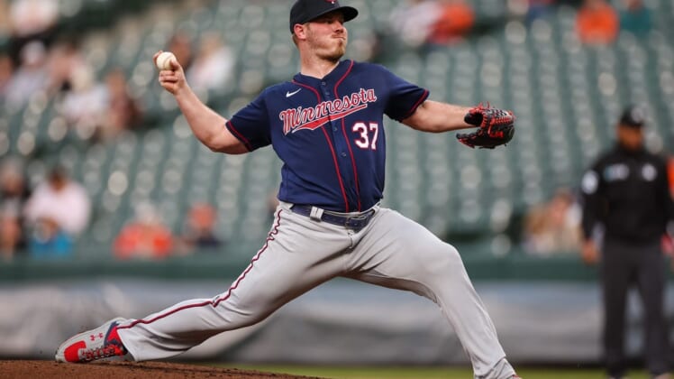 May 4, 2022; Baltimore, Maryland, USA; Minnesota Twins starting pitcher Dylan Bundy (37) pitchers against the Baltimore Orioles during the first inning at Oriole Park at Camden Yards. Mandatory Credit: Scott Taetsch-USA TODAY Sports