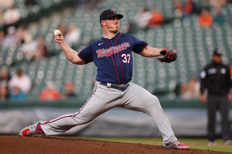 May 4, 2022; Baltimore, Maryland, USA; Minnesota Twins starting pitcher Dylan Bundy (37) pitchers against the Baltimore Orioles during the first inning at Oriole Park at Camden Yards. Mandatory Credit: Scott Taetsch-USA TODAY Sports