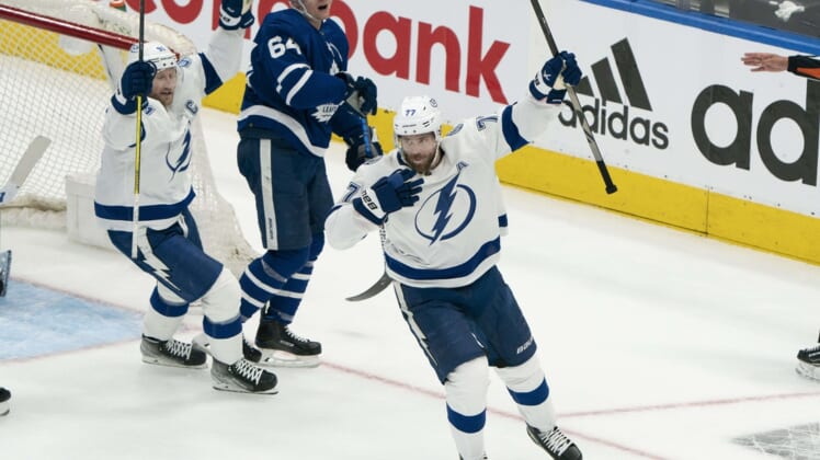 May 4, 2022; Toronto, Ontario, CAN; Tampa Bay Lightning defenseman Victor Hedman (77) celebrates his goal scored during the first period of game two of the first round of the 2022 Stanley Cup Playoffs against the Toronto Maple Leafs at Scotiabank Arena. Mandatory Credit: Nick Turchiaro-USA TODAY Sports