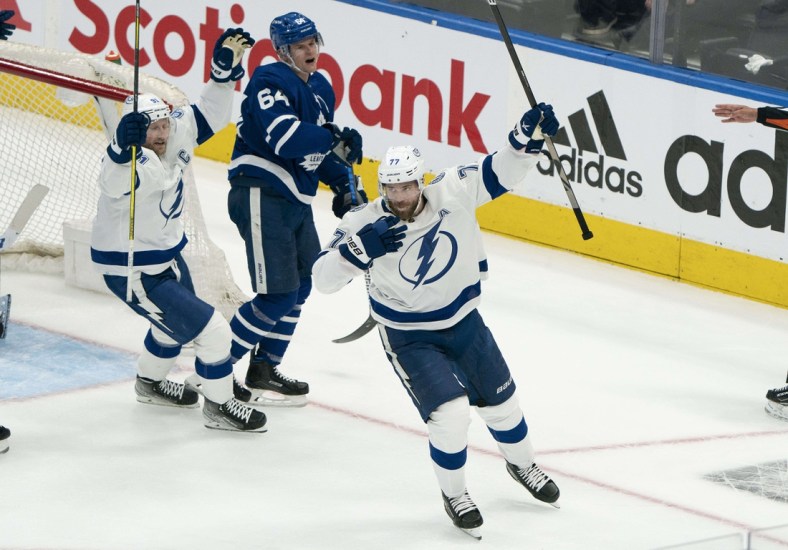 May 4, 2022; Toronto, Ontario, CAN; Tampa Bay Lightning defenseman Victor Hedman (77) celebrates his goal scored during the first period of game two of the first round of the 2022 Stanley Cup Playoffs against the Toronto Maple Leafs at Scotiabank Arena. Mandatory Credit: Nick Turchiaro-USA TODAY Sports