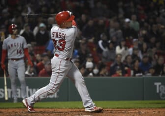 May 4, 2022; Boston, Massachusetts, USA;  Los Angeles Angels catcher Max Stassi (33) hits a two run home run during the fifth inning against the Boston Red Sox at Fenway Park. Mandatory Credit: Bob DeChiara-USA TODAY Sports