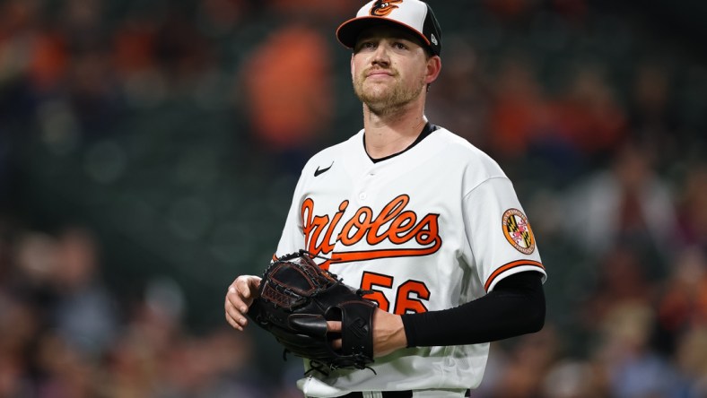 May 4, 2022; Baltimore, Maryland, USA; Baltimore Orioles starting pitcher Kyle Bradish (56) looks on after pitching against the Minnesota Twins during the fourth inning at Oriole Park at Camden Yards. Mandatory Credit: Scott Taetsch-USA TODAY Sports