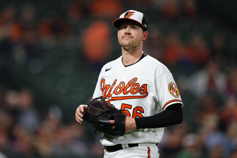 May 4, 2022; Baltimore, Maryland, USA; Baltimore Orioles starting pitcher Kyle Bradish (56) looks on after pitching against the Minnesota Twins during the fourth inning at Oriole Park at Camden Yards. Mandatory Credit: Scott Taetsch-USA TODAY Sports