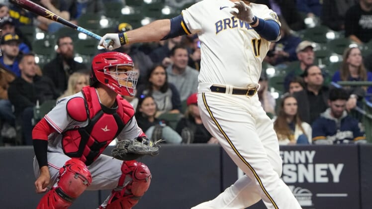 Milwaukee Brewers first baseman Rowdy Tellez (11) watches his grand slam home run during the third inning of their game against the Cincinnati Reds Wednesday, May 4, 2022 at American Family Field in Milwaukee, Wis.Brewers05 11