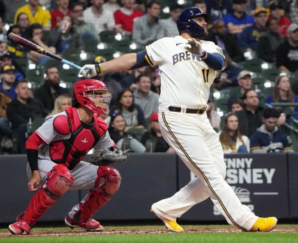 Milwaukee Brewers first baseman Rowdy Tellez (11) watches his grand slam home run during the third inning of their game against the Cincinnati Reds Wednesday, May 4, 2022 at American Family Field in Milwaukee, Wis.

Brewers05 11