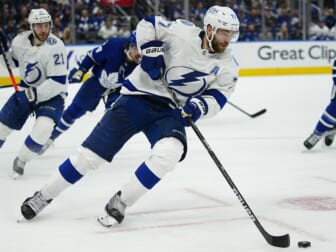 May 4, 2022; Toronto, Ontario, CAN; Tampa Bay Lightning defenseman Victor Hedman (77) carries the puck against the Toronto Maple Leafs during the third period of game two of the first round of the 2022 Stanley Cup Playoffs at Scotiabank Arena. Mandatory Credit: John E. Sokolowski-USA TODAY Sports