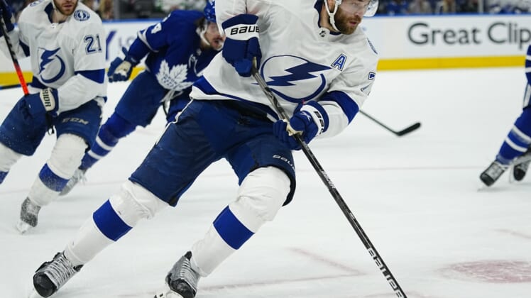 May 4, 2022; Toronto, Ontario, CAN; Tampa Bay Lightning defenseman Victor Hedman (77) carries the puck against the Toronto Maple Leafs during the third period of game two of the first round of the 2022 Stanley Cup Playoffs at Scotiabank Arena. Mandatory Credit: John E. Sokolowski-USA TODAY Sports