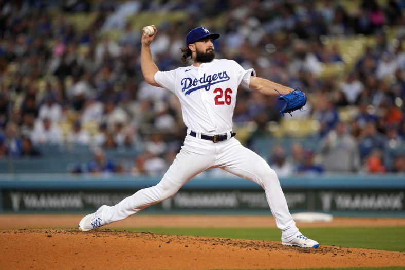 May 4, 2022; Los Angeles, California, USA;  Los Angeles Dodgers relief pitcher Tony Gonsolin (26) delivers a pitch in the third inning against the San Francisco Giants at Dodger Stadium. Mandatory Credit: Kirby Lee-USA TODAY Sports