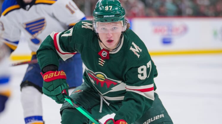May 4, 2022; Saint Paul, Minnesota, USA; Minnesota Wild left wing Kirill Kaprizov (97) skates after the puck against the St. Louis Blues in the second period in game two of the first round of the 2022 Stanley Cup Playoffs at Xcel Energy Center. Mandatory Credit: Brad Rempel-USA TODAY Sports