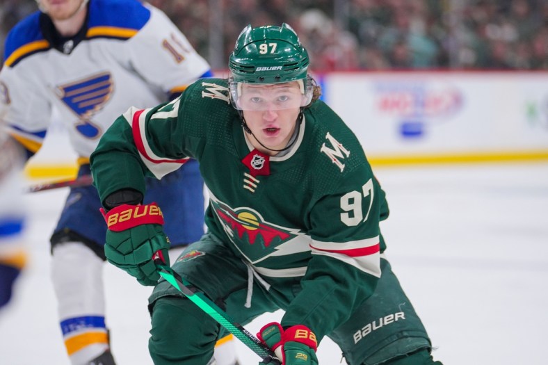 May 4, 2022; Saint Paul, Minnesota, USA; Minnesota Wild left wing Kirill Kaprizov (97) skates after the puck against the St. Louis Blues in the second period in game two of the first round of the 2022 Stanley Cup Playoffs at Xcel Energy Center. Mandatory Credit: Brad Rempel-USA TODAY Sports