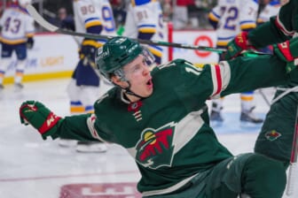 May 4, 2022; Saint Paul, Minnesota, USA; Minnesota Wild center Joel Eriksson Ek (14) celebrates his goal against the St. Louis Blues in the second period in game two of the first round of the 2022 Stanley Cup Playoffs at Xcel Energy Center. Mandatory Credit: Brad Rempel-USA TODAY Sports