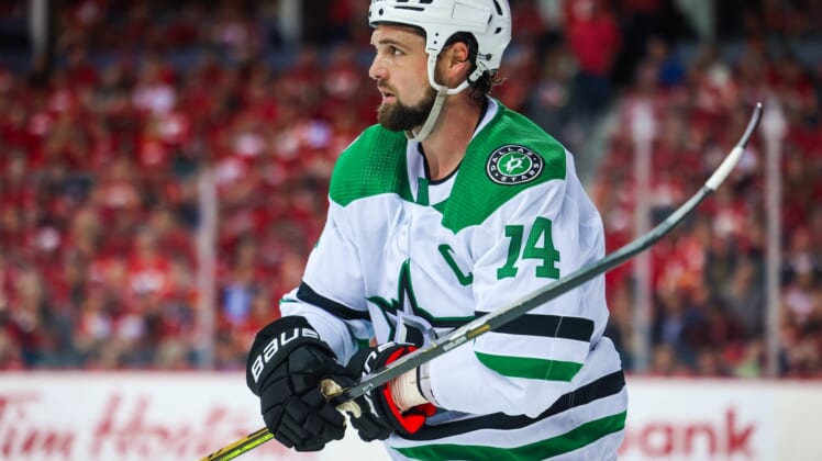 May 3, 2022; Calgary, Alberta, CAN; Dallas Stars left wing Jamie Benn (14) during the third period against the Calgary Flames in game one of the first round of the 2022 Stanley Cup Playoffs at Scotiabank Saddledome. Mandatory Credit: Sergei Belski-USA TODAY Sports