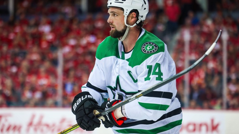 May 3, 2022; Calgary, Alberta, CAN; Dallas Stars left wing Jamie Benn (14) during the third period against the Calgary Flames in game one of the first round of the 2022 Stanley Cup Playoffs at Scotiabank Saddledome. Mandatory Credit: Sergei Belski-USA TODAY Sports