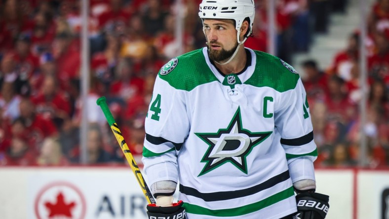 May 3, 2022; Calgary, Alberta, CAN; Dallas Stars left wing Jamie Benn (14) during the third period against the Calgary Flames in game one of the first round of the 2022 Stanley Cup Playoffs at Scotiabank Saddledome. Mandatory Credit: Sergei Belski-USA TODAY Sports