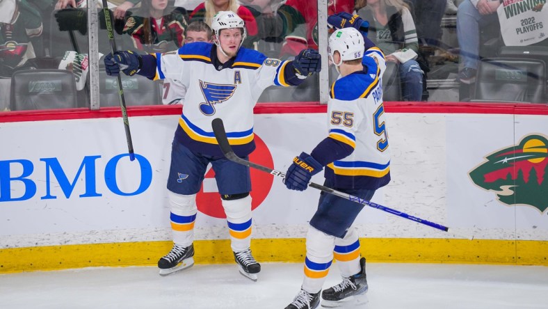 May 4, 2022; Saint Paul, Minnesota, USA; St. Louis Blues right wing Vladimir Tarasenko (91) celebrates his goal against the Minnesota Wild in the third period in game two of the first round of the 2022 Stanley Cup Playoffs at Xcel Energy Center. Mandatory Credit: Brad Rempel-USA TODAY Sports