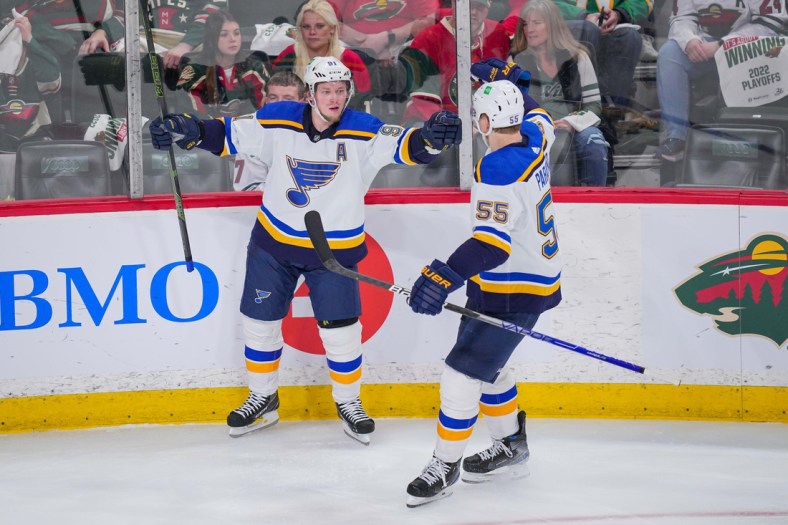 May 4, 2022; Saint Paul, Minnesota, USA; St. Louis Blues right wing Vladimir Tarasenko (91) celebrates his goal against the Minnesota Wild in the third period in game two of the first round of the 2022 Stanley Cup Playoffs at Xcel Energy Center. Mandatory Credit: Brad Rempel-USA TODAY Sports