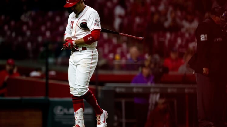 Cincinnati Reds first baseman Joey Votto (19) walks back to the dugout after striking out in the eighth inning of the MLB baseball game between Cincinnati Reds and San Diego Padres at Great American Ball Park in Cincinnati on Tuesday, April 26, 2022. San Diego Padres defeated Cincinnati Reds 9-6.San Diego Padres At Cincinnati Reds 131Syndication The Enquirer