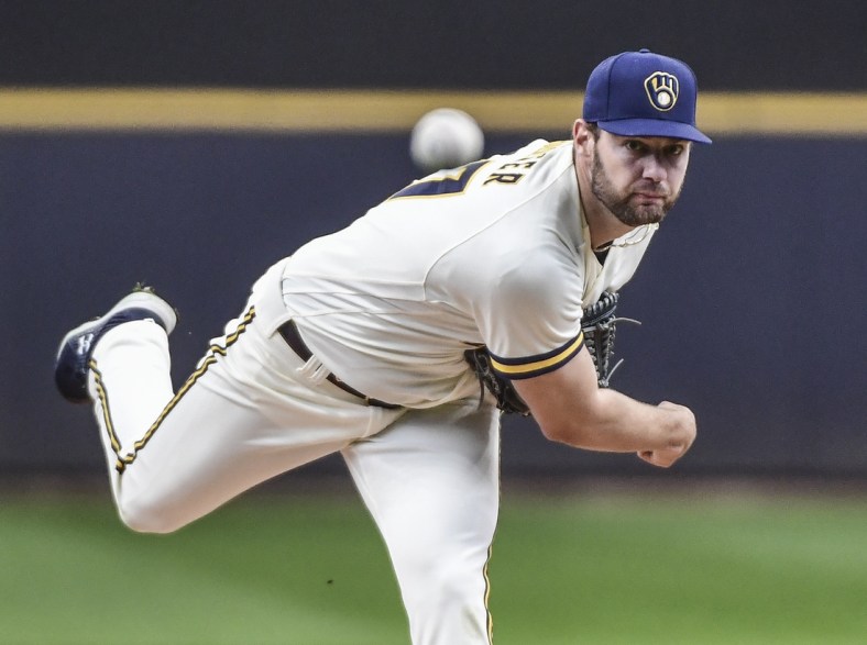 May 5, 2022; Milwaukee, Wisconsin, USA;  Milwaukee Brewers pitcher Adrian Houser (37) throws a pitch in the first inning against the Cincinnati Reds at American Family Field. Mandatory Credit: Benny Sieu-USA TODAY Sports