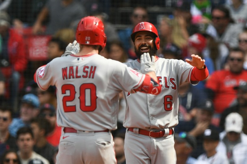 May 5, 2022; Boston, Massachusetts, USA; Los Angeles Angels first baseman Jared Walsh (20) celebrates with third baseman Anthony Rendon (6) after hitting a two-run home run against the Boston Red Sox during the seventh inning at Fenway Park. Mandatory Credit: Brian Fluharty-USA TODAY Sports