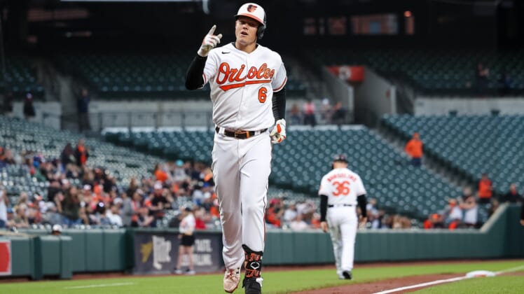 May 5, 2022; Baltimore, Maryland, USA; Baltimore Orioles first baseman Ryan Mountcastle (6) celebrates after hitting a home run against the Minnesota Twins during the second inning at Oriole Park at Camden Yards. Mandatory Credit: Scott Taetsch-USA TODAY Sports