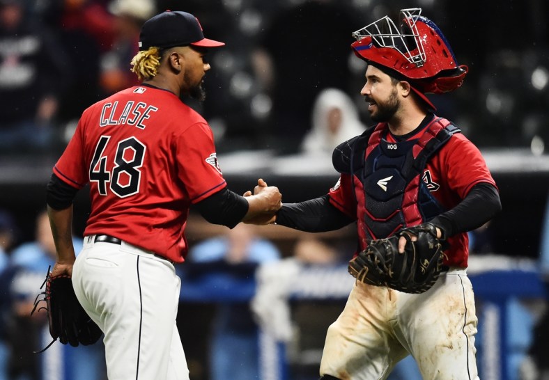 May 5, 2022; Cleveland, Ohio, USA; Cleveland Guardians relief pitcher Emmanuel Clase (48) celebrates with catcher Austin Hedges (17) after the Guardians beat the Toronto Blue Jays  at Progressive Field. Mandatory Credit: Ken Blaze-USA TODAY Sports