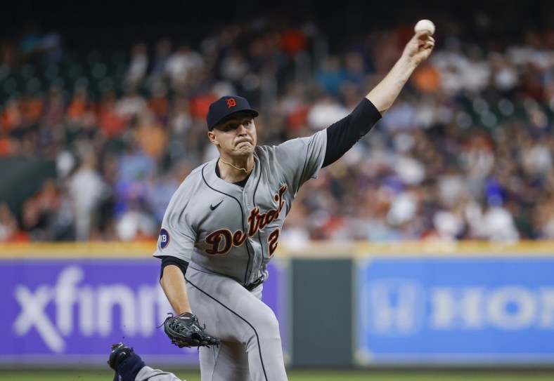 May 5, 2022; Houston, Texas, USA; Detroit Tigers starting pitcher Tarik Skubal (29) delivers a pitch during the third inning against the Houston Astros at Minute Maid Park. Mandatory Credit: Troy Taormina-USA TODAY Sports