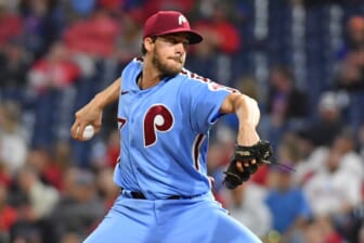 May 5, 2022; Philadelphia, Pennsylvania, USA; Philadelphia Phillies starting pitcher Aaron Nola (27) throws a pitch against the New York Mets during the sixth inning at Citizens Bank Park. Mandatory Credit: Eric Hartline-USA TODAY Sports