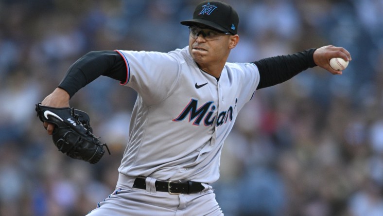 May 5, 2022; San Diego, California, USA; Miami Marlins starting pitcher Jesus Luzardo (44) throws a pitch against the San Diego Padres during the first inning at Petco Park. Mandatory Credit: Orlando Ramirez-USA TODAY Sports