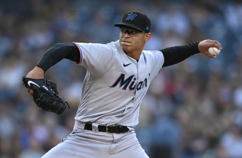 May 5, 2022; San Diego, California, USA; Miami Marlins starting pitcher Jesus Luzardo (44) throws a pitch against the San Diego Padres during the first inning at Petco Park. Mandatory Credit: Orlando Ramirez-USA TODAY Sports