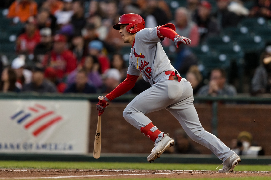 May 5, 2022; San Francisco, California, USA;  St. Louis Cardinals second baseman Tommy Edman (19) hits a two-run single against the San Francisco Giants during the fifth inning at Oracle Park. Mandatory Credit: John Hefti-USA TODAY Sports