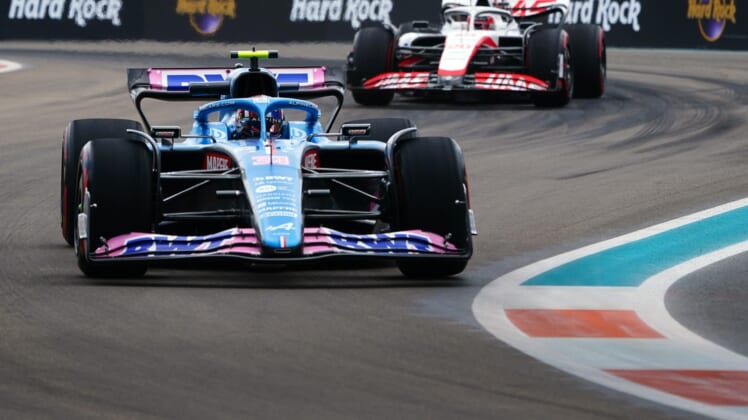 May 6, 2022; Miami Gardens, Florida, USA; Alpine driver Esteban Ocon of France races through the circuit during the first practice session for the Miami Grand Prix at Miami International Autodrome. Mandatory Credit: John David Mercer-USA TODAY Sports