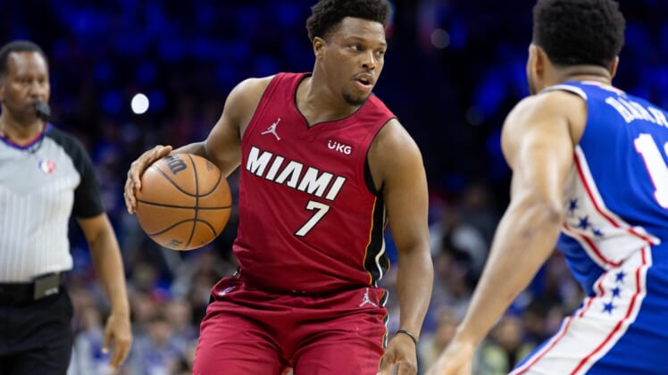 May 6, 2022; Philadelphia, Pennsylvania, USA; Miami Heat guard Kyle Lowry (7) dribbles the ball against the Philadelphia 76ers during the first quarter in game three of the second round for the 2022 NBA playoffs at Wells Fargo Center. Mandatory Credit: Bill Streicher-USA TODAY Sports