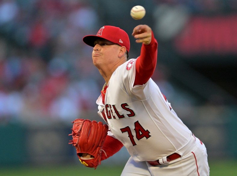 May 6, 2022; Anaheim, California, USA;  Los Angeles Angels starting pitcher Jhonathan Diaz (74) pitches during the second inning against the Washington Nationals at Angel Stadium. Mandatory Credit: Jayne Kamin-Oncea-USA TODAY Sports
