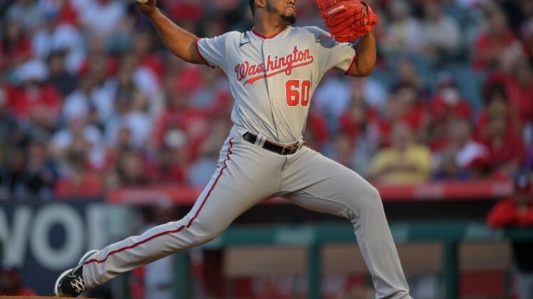 May 6, 2022; Anaheim, California, USA; Washington Nationals starting pitcher Joan Adon (60) during the first inning against the Los Angeles Angels at Angel Stadium. Mandatory Credit: Jayne Kamin-Oncea-USA TODAY Sports