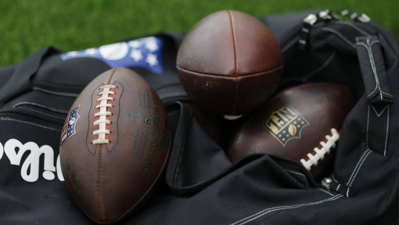 May 6, 2022; Ashburn, Virginia, USA; A view of game balls in an equipment bag during Washington Commanders rookie minicamp at Inova Performance Center In Ashburn, VA. Mandatory Credit: Geoff Burke-USA TODAY Sports