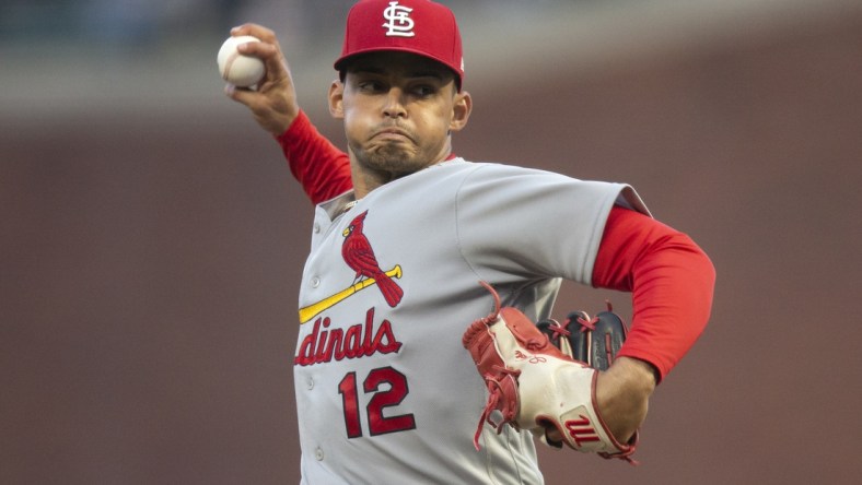 May 6, 2022; San Francisco, California, USA; St. Louis Cardinals starting pitcher Jordan Hicks (12) delivers a pitch against the San Francisco Giants during the second inning at Oracle Park. Mandatory Credit: D. Ross Cameron-USA TODAY Sports