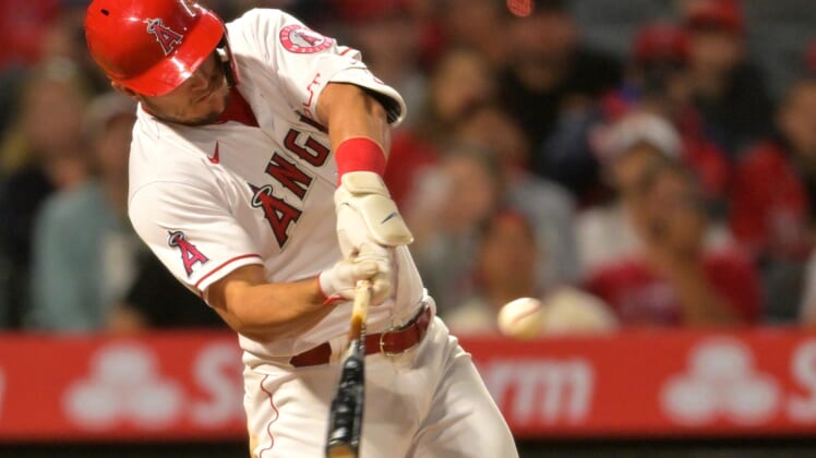 May 6, 2022; Anaheim, California, USA;  Los Angeles Angels center fielder Mike Trout (27) doubles in two runs in the fifth inning against the Washington Nationals at Angel Stadium. Mandatory Credit: Jayne Kamin-Oncea-USA TODAY Sports