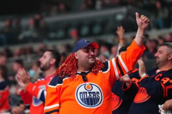 May 6, 2022; Los Angeles, California, USA; Edmonton Oilers fans react in the second period of game three of the first round of the 2022 Stanley Cup Playoffs against the LA Kings at Crypto.com Arena. Mandatory Credit: Kirby Lee-USA TODAY Sports