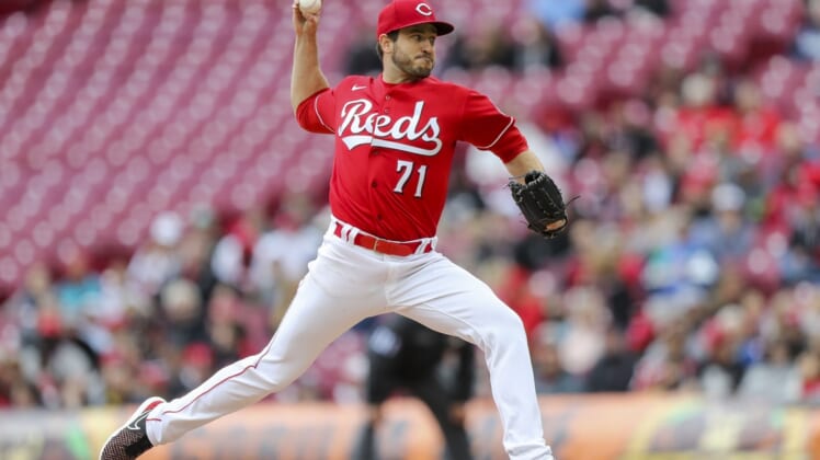 May 7, 2022; Cincinnati, Ohio, USA; Cincinnati Reds starting pitcher Connor Overton (71) pitches against the Pittsburgh Pirates in the third inning at Great American Ball Park. Mandatory Credit: Katie Stratman-USA TODAY Sports