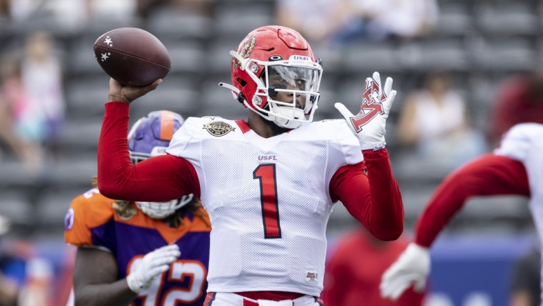 May 7, 2022; Birmingham, AL, USA; New Jersey Generals quarterback De'Andre Johnson (1) throws against the Pittsburgh Maulers during the first half at Protective Stadium. Mandatory Credit: Vasha Hunt-USA TODAY Sports