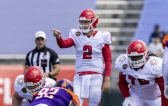 May 7, 2022; Birmingham, AL, USA; New Jersey Generals quarterback Luis Perez (2) sets up a play against the Pittsburgh Maulers during the first half at Protective Stadium. Mandatory Credit: Vasha Hunt-USA TODAY Sports