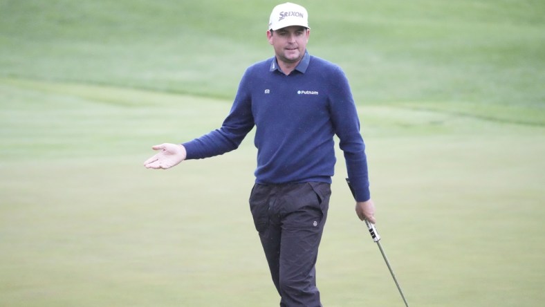 May 7, 2022; Potomac, Maryland, USA; Keegan Bradley reacts after missing a putt on the seventh hole during the third round of the Wells Fargo Championship golf tournament. Mandatory Credit: Mitch Stringer-USA TODAY Sports