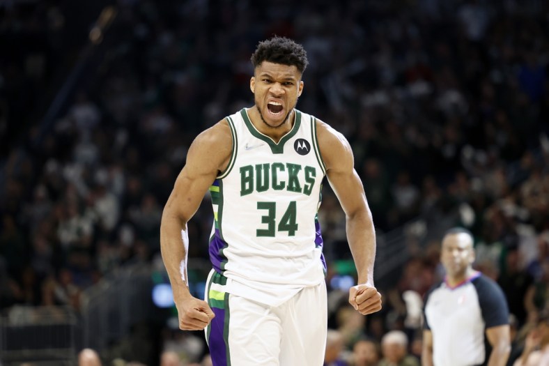 May 7, 2022; Milwaukee, Wisconsin, USA; Milwaukee Bucks forward Giannis Antetokounmpo (34) reacts after scorring during the third quarter against the Boston Celtics during game three of the second round for the 2022 NBA playoffs at Fiserv Forum. Mandatory Credit: Jeff Hanisch-USA TODAY Sports