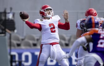 May 7, 2022; Birmingham, AL, USA; New Jersey Generals quarterback Luis Perez (2) throws against the New Jersey Generals during the second half at Protective Stadium. Mandatory Credit: Vasha Hunt-USA TODAY Sports