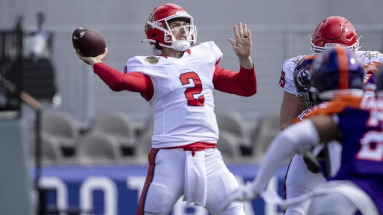 May 7, 2022; Birmingham, AL, USA; New Jersey Generals quarterback Luis Perez (2) throws against the New Jersey Generals during the second half at Protective Stadium. Mandatory Credit: Vasha Hunt-USA TODAY Sports