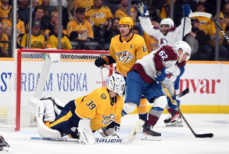 May 7, 2022; Nashville, Tennessee, USA; Nashville Predators goaltender Connor Ingram (39) reacts after allowing a goal to Colorado Avalanche left wing Gabriel Landeskog (not pictured) during the second period in game three of the first round of the 2022 Stanley Cup Playoffs at Bridgestone Arena. Mandatory Credit: Christopher Hanewinckel-USA TODAY Sports